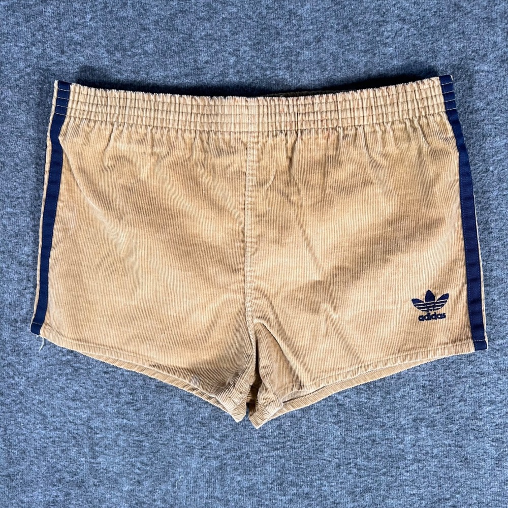 Vintage 70s Adidas Sprinter Shorts Corduroy Tan Navy Stripe USA Made Medium